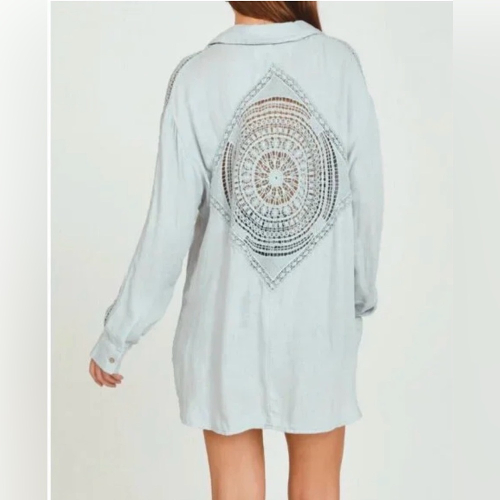 Vintage Havana Crochet Detail Tunic Button Up Top Blouse Shirt Blue Boho Medium